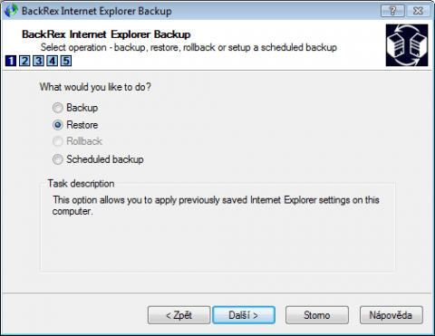 Obnova nastavení Internet Exploreru v BackRex