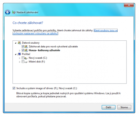 Výběr zálohovaných složek ve Windows 7