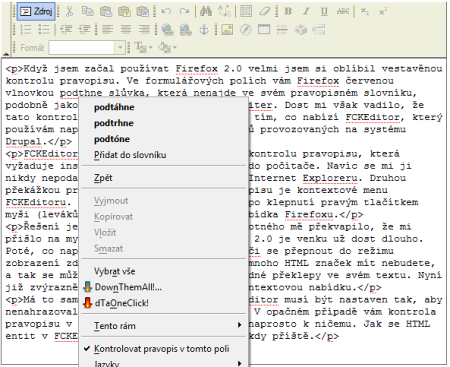 FCKEditor, Firefox, kontrola pravopisu