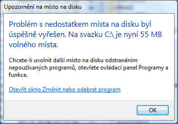 Windows Vista - nedostatek místa na disku