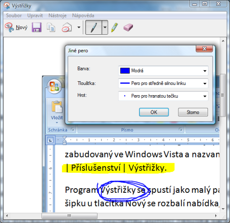 Screenshot programu Výstřižky ve Windows Vista