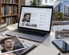 Realistická koláž notebooku s vyhledáváním osoby, portrétní fotografie, knih a budovy.