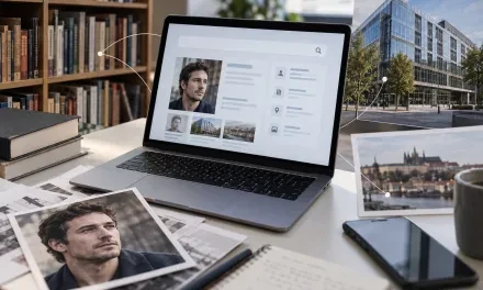 Realistická koláž notebooku s vyhledáváním osoby, portrétní fotografie, knih a budovy.