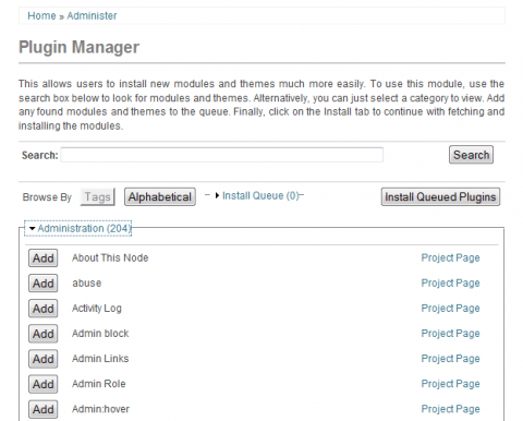 Seznam modulů v Plugin Manageru