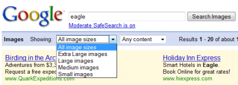 Standardní vyhledávání nenabízí zadání rozměrů obrázku