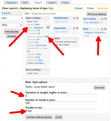 Nastavení Tagadelic v&nbsp;definici Views