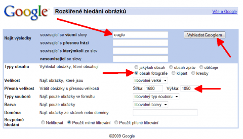 Hledání tapet na plochu v českém Google