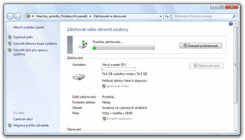 Průběh nastaveného zálohování ve Windows 7