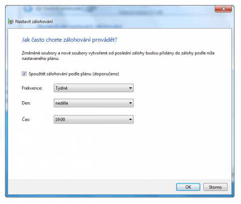 Změna plánu zálohování ve Windows 7