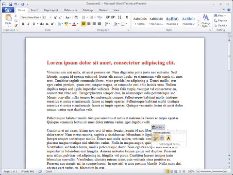 MS Word 2010 - textové efekty a nabídka pro vložení obsahu schránky