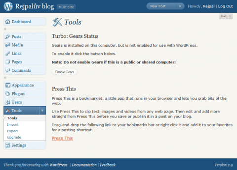WordPress 2.9 a bookmarklet pro tisk