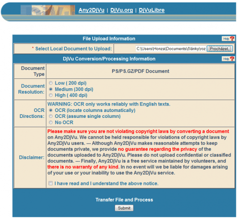 Převod PDF do DjVu pomocí Any2DjVu Serveru