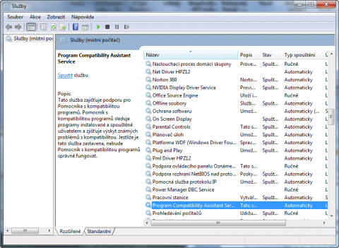 Služby ve Windows 7 a Program Compatibility Assistant Service