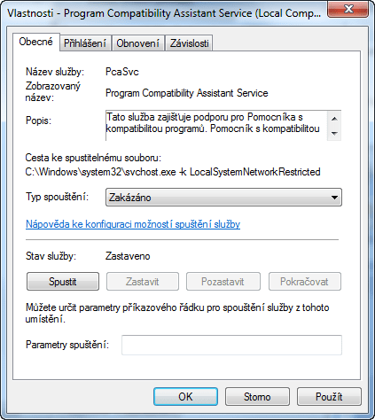 Windows 7 a podrobnosti k Program Compatibility Assistant Service
