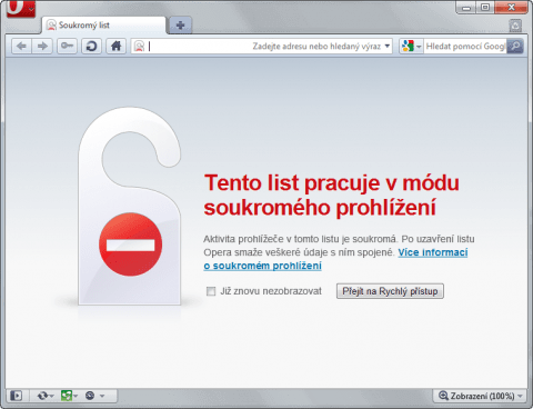 Opera 10.50 a anonymní brouzdání
