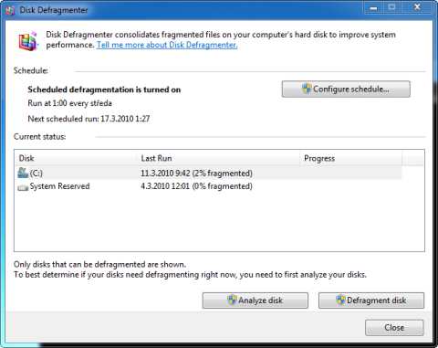 Informace o fragmentaci ve Windows 7