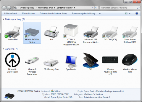 Seznam instalovaných tiskáren ve Windows 7