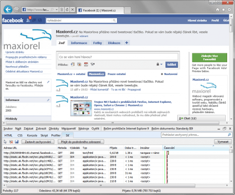 Internet Explorer 9 a základní údaje o komunikaci stránky