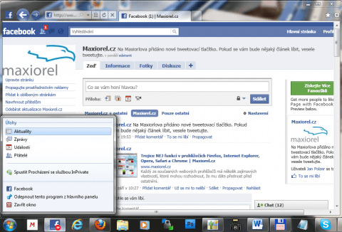 Internet Explorer 9 a Facebook připnutý do Windows 7