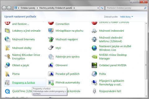 Ovládací panely ve Windows 7