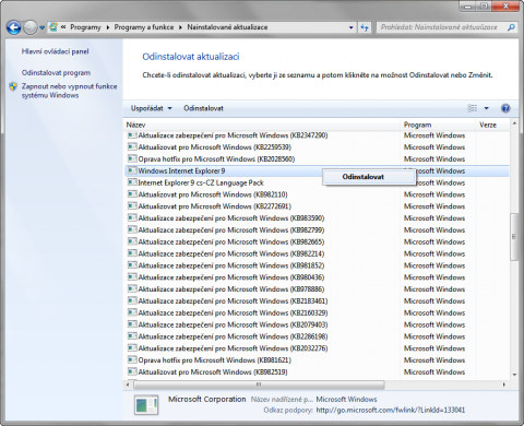Odinstalace Internet Exploreru 9