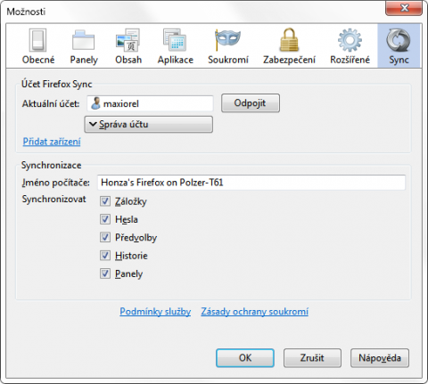 Nastavení Firefox Sync