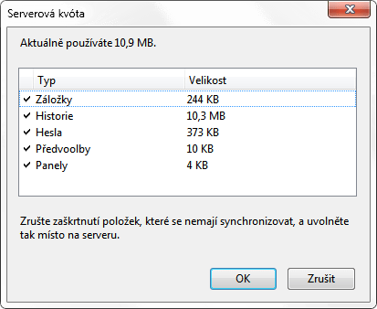 Informace o velikosti dat ve Firefox Sync