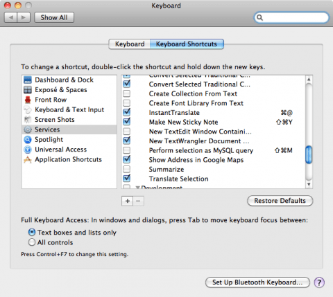 Nastavení služeb, dialog Services Preferences