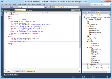 Visual Studio 2011 a kód aplikace pro Metro