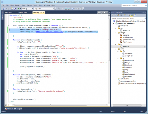 Visual Studio 2011 a kód aplikace pro Metro