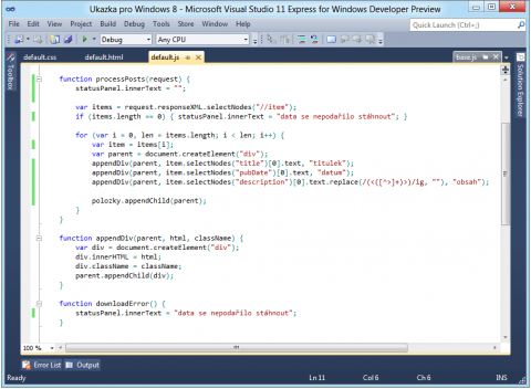 Visual Studio 2011 a kód aplikace pro Metro