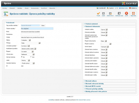 nastavení menu JoomDOC