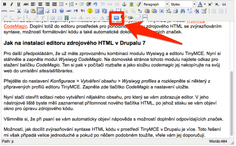 Tlačítko CodeMagic v editoru TinyMCE v Drupalu