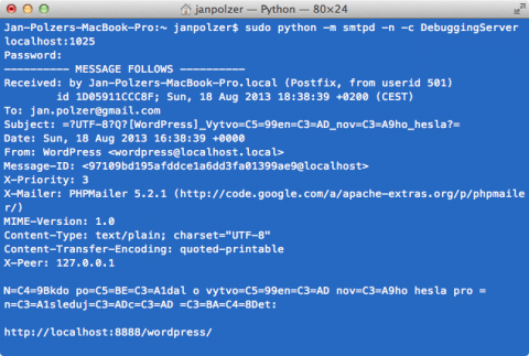 SMTP přes Python v okně Terminálu