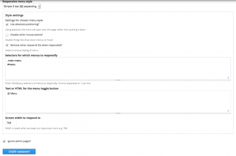 Nastavení modulu Responsive Menus