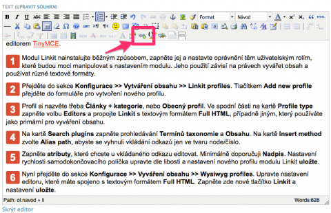 Tlačítko modulu Linkit v editoru TinyMCE