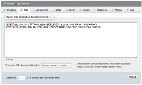 phpMyAdmin s příkazy pro náhradu textu v Drupalu