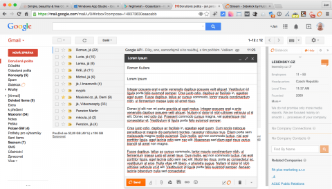 Gmail Sidekick zobrazující informace o firmě