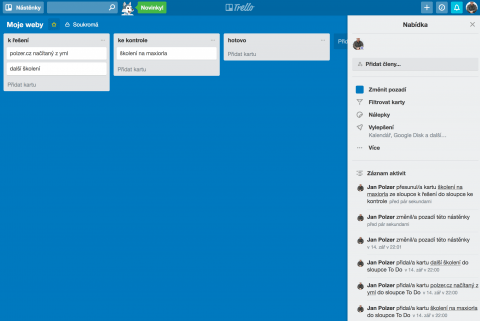 Detail nástěnky v Trello