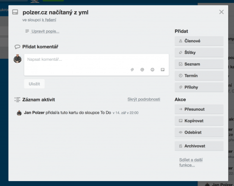 Detail karty/úkolu v Trello