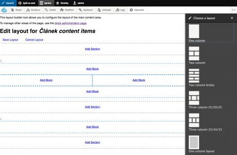 Drupal 8.5.0 nabízí možnost nastavit rozvržení stránky jednoduše z administrace
