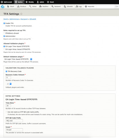Nastavení 2FA v Drupalu 8