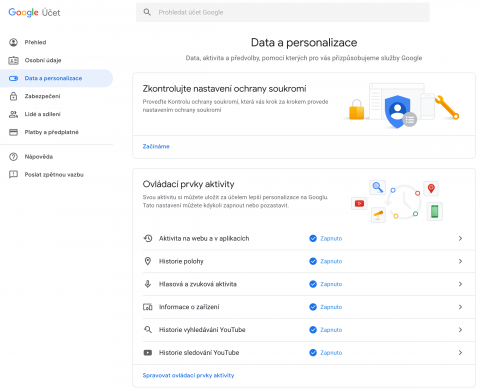Nastavení sběru dat v účtu na Google