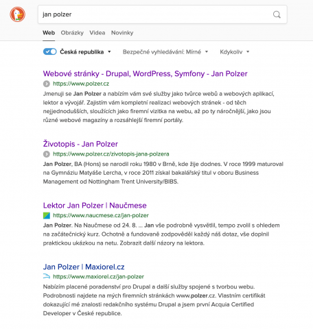 Výsledky hledání v DuckDuckGo. Bez reklam