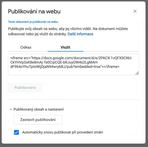 Vložení dokumentu z Google Docs