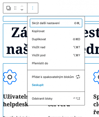 Seskupení a Kopírování v editoru bloků ve WordPressu