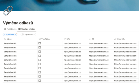 Notion a tabulka s kontrolou odkazů