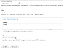 Editace cílového okna pro položku v menu