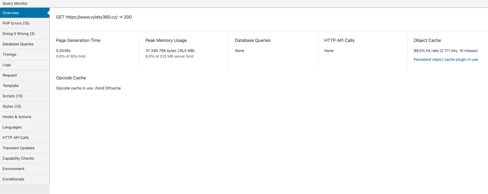 Statistika rychlosti sestavení stránky v panelu Query Monitoru