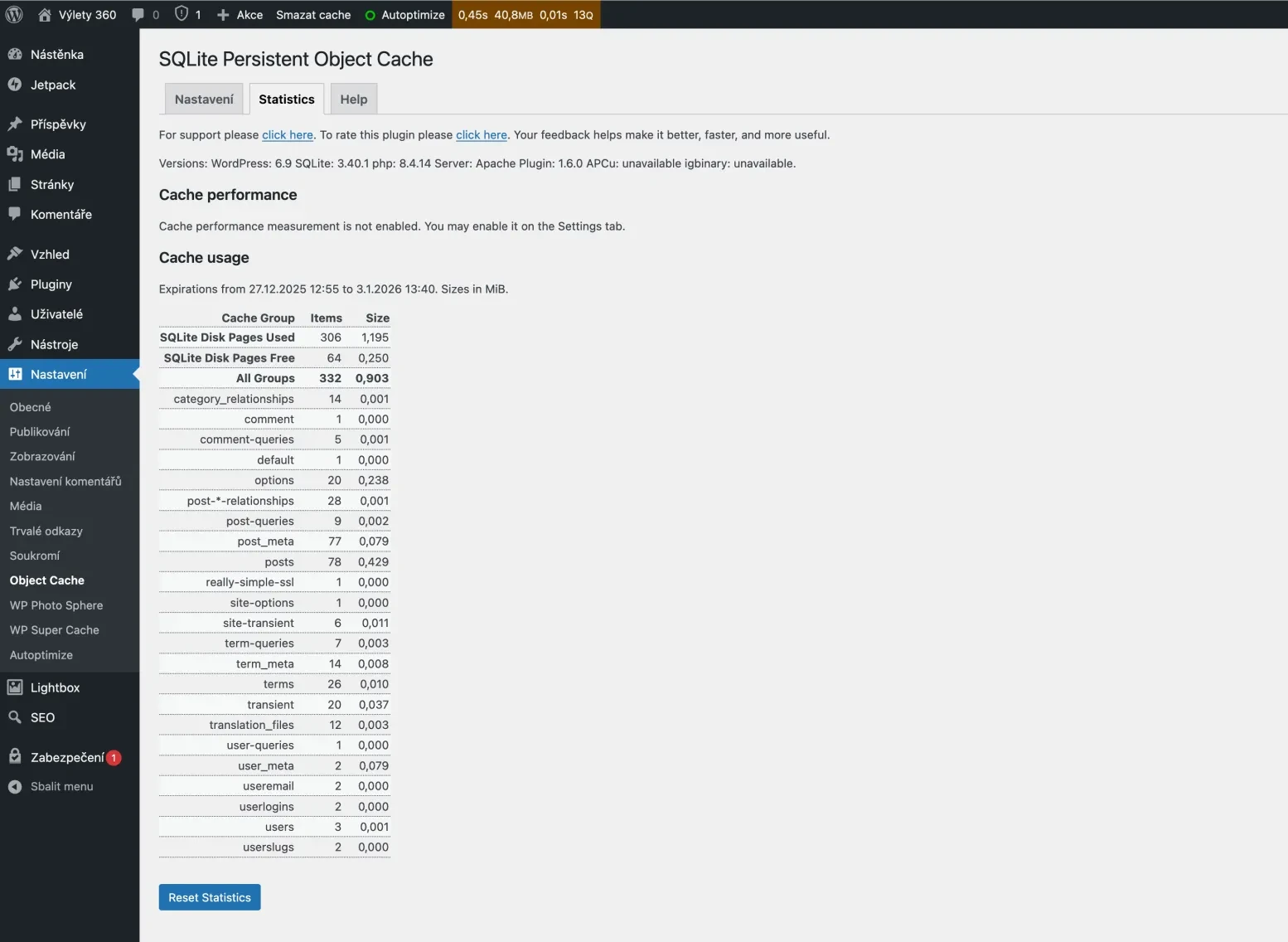 WordPress a statistika pluginu SQLite Object Cache
